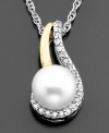 Gracefully draped round-cut diamond accents highlight a lovely cultured freshwater pearl (7 mm) on this beautiful pendant. Set in 14k gold & sterling silver. Approximate length: 18 inches. Approximate drop: 3/4 inches.