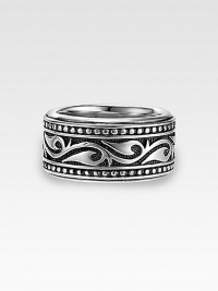 A handsome, sterling silver band is enriched by scrolling Sparta engraving. 13mm wide Made in USA
