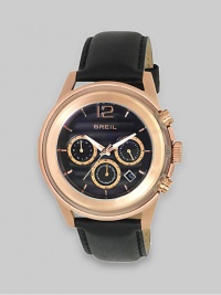 Gorgeous rose gold IP and a black leather strap give this tony timepiece a classic look.Quartz movementWater resistant to 10 ATMRose gold IP and black glass case, 45mm (1.8)Smooth rose gold IP bezelBlack dialThree chronograph sub-dialsBar markersSecond handBlack rubber strapImported Gorgeous rose gold IP and a black leather strap give this tony timepiece a classic look.Quartz movementWater resistant to 10 ATMRose gold IP and black glass case, 45mm (1.8)Smooth rose gold IP bezelBlack dialThree chronograph sub-dialsBar markersSecond handBlack rubber strapImported