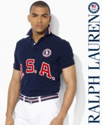 Cut for a trim, modern fit from breathable cotton mesh, a short-sleeved polo shirt is accented with bold country embroidery, celebrating Team USA's participation in the 2012 Olympic Games. Cut for a trim, modern fit from breathable cotton mesh, a short-sleeved polo shirt is accented with bold country embroidery, celebrating Team USA's participation in the 2012 Olympic Games.