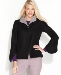 T Tahari's jacket features gorgeously unique details, like split and rounded bell sleeves, a zipper-adorned back and strategic pleats for a flattering fits. T Tahari's jacket features gorgeously unique details, like split and rounded bell sleeves, a zipper-adorned back and strategic pleats for a flattering fits.