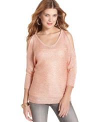 Sparkle and shine in Say What?'s shoulder-cutout sweater! A splash of sequins adds wow-factor to this must-have pullover. Sparkle and shine in Say What?'s shoulder-cutout sweater! A splash of sequins adds wow-factor to this must-have pullover.
