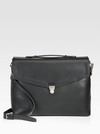A serious statement piece for the modern man of style, impeccably crafted in lightly pebbled calfskin leather with a single gusset and silver buckle closure.Flap, buckle closureTop handleAdjustable shoulder strapInterior pocketsLeather17W x 12H x 6DMade in Italy A serious statement piece for the modern man of style, impeccably crafted in lightly pebbled calfskin leather with a single gusset and silver buckle closure.Flap, buckle closureTop handleAdjustable shoulder strapInterior pocketsLeather17W x 12H x 6DMade in Italy