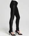 Leather tuxedo stripes infuse sleek Juicy Couture jeans with punk attitude. Polish off the skinny silhouette with a sharp blazer and spark some serious fashion envy.