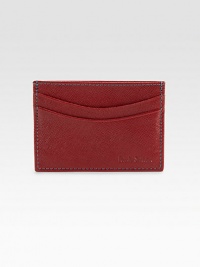 Luxurious saffiano leather with contrast topstitching.Two credit card slotsSaffiano leather4W X 2¾HMade in Italy