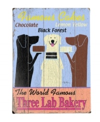 Nothing could be sweeter. This fetching sign stars the lovable pups from the world-famous Three Lab Bakery with cakes to match their coats. Beautifully deconstructed in solid wood, it's adorable in the casual kitchen. Nothing could be sweeter. This fetching sign stars the lovable pups from the world-famous Three Lab Bakery with cakes to match their coats. Beautifully deconstructed in solid wood, it's adorable in the casual kitchen.