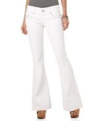 Rhinestone zigzags add a shot of bling to these white wash flare leg jeans from Dollhouse! Rhinestone zigzags add a shot of bling to these white wash flare leg jeans from Dollhouse!
