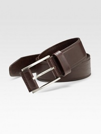 A smooth leather classic is finished with a brushed metal buckle. Brushed silver zinc buckle About 1½ wide Imported A smooth leather classic is finished with a brushed metal buckle. Brushed silver zinc buckle About 1½ wide Imported