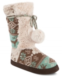 Fun and cozy is the name of this game. Muk Luk's Jewel faux-fur booties feature a funky pattern and pompon detail on the shaft. Fun and cozy is the name of this game. Muk Luk's Jewel faux-fur booties feature a funky pattern and pompon detail on the shaft.