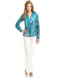 THE LOOKMulticolor paint swirls patternSemi-sheer stretch silk constrictionsPoint collarButton frontLong sleeves with button cuffsStraight front hemCurved back hemTHE FITAbout 23 from shoulder to hemTHE MATERIAL82% silk/18% spandexCARE & ORIGINDry cleanImportedModel shown is 5'9 (175cm) wearing US size 4. THE LOOKMulticolor paint swirls patternSemi-sheer stretch silk constrictionsPoint collarButton frontLong sleeves with button cuffsStraight front hemCurved back hemTHE FITAbout 23 from shoulder to hemTHE MATERIAL82% silk/18% spandexCARE & ORIGINDry cleanImportedModel shown is 5'9 (175cm) wearing US size 4.