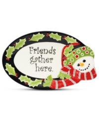Gather family and friends around the table with this whimsical Fitz and Floyd tray. A sculpted snowman, band of holly and the sentiment of the season get everyone in the spirit. Gather family and friends around the table with this whimsical Fitz and Floyd tray. A sculpted snowman, band of holly and the sentiment of the season get everyone in the spirit.