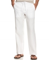 Take it easy in a pair of Tasso Elba drawstring linen pants, your go-to choice for cool, comfortable summertime style. Take it easy in a pair of Tasso Elba drawstring linen pants, your go-to choice for cool, comfortable summertime style.