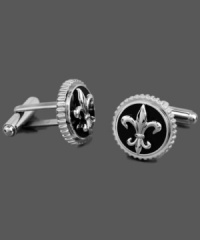 For a royally distinguished look. The symbolic Fleur De Lis adorns this sophisticated pair of cuff links. Crafted in titanium and black enamel. Approximate diameter: 5/8 inch.