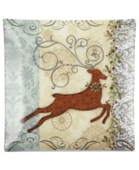 Offer family and friends tasty treats this holiday season upon this lovely glass platter from Ganz. Features sweet snowflakes and a prancing reindeer to put anyone in the holiday spirit. Offer family and friends tasty treats this holiday season upon this lovely glass platter from Ganz. Features sweet snowflakes and a prancing reindeer to put anyone in the holiday spirit.