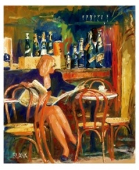 Turn your kitchen into a charming cafe with this fine art print by Jerry Blank. An elegantly dressed woman puts urgent matters on hold to savor a cup of coffee and the morning paper. The brilliant palette and large scale revive contemporary decor. Turn your kitchen into a charming cafe with this fine art print by Jerry Blank. An elegantly dressed woman puts urgent matters on hold to savor a cup of coffee and the morning paper. The brilliant palette and large scale revive contemporary decor.