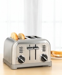 High-tech toasting technology gets a high-style look with this sleek stainless steel toaster featuring beautiful brushed chrome accents. The large, four-slice size is actually two toasters in one, with dual independent controls that let you perform two toasting jobs at once. Limited warranty. Model CPT-180. High-tech toasting technology gets a high-style look with this sleek stainless steel toaster featuring beautiful brushed chrome accents. The large, four-slice size is actually two toasters in one, with dual independent controls that let you perform two toasting jobs at once. Limited warranty. Model CPT-180.