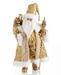 Embrace a whole new side of Santa Claus. At over a foot tall, this elaborate figurine shines in head-to-toe gold from Holiday Lane. Even his staff and sack match for a look of lasting holiday grandeur. Embrace a whole new side of Santa Claus. At over a foot tall, this elaborate figurine shines in head-to-toe gold from Holiday Lane. Even his staff and sack match for a look of lasting holiday grandeur.