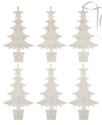 Glistening with top-to-trunk glitter, these snowy white tree ornaments bring an understated grace to any holiday setting. Glistening with top-to-trunk glitter, these snowy white tree ornaments bring an understated grace to any holiday setting.