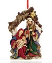 Evoke feelings of joy with this lovely ornament depicting Mary, Joseph and the newborn babe, Jesus, sitting in a stable with a shining gold star above them. Evoke feelings of joy with this lovely ornament depicting Mary, Joseph and the newborn babe, Jesus, sitting in a stable with a shining gold star above them.