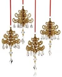 Gold glitter creates a luminous look upon your tree in these chandelier Christmas tree ornaments, embellished with acrylic jewel drops. Gold glitter creates a luminous look upon your tree in these chandelier Christmas tree ornaments, embellished with acrylic jewel drops.