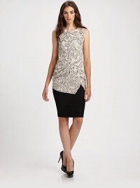 Artfully tailored, gathered silk printed with an abstracted bird pattern, offset by a solid paneled skirt.Jewel necklineSleevelessGathers at asymmetrical seamContrast skirtConcealed back zipAbout 28 from natural waistBodice: silkSkirt: 58% acetate/42% viscoseDry cleanMade in USA of Italian fabricModel shown is 5'11 (180cm) wearing US size 4. Artfully tailored, gathered silk printed with an abstracted bird pattern, offset by a solid paneled skirt.Jewel necklineSleevelessGathers at asymmetrical seamContrast skirtConcealed back zipAbout 28 from natural waistBodice: silkSkirt: 58% acetate/42% viscoseDry cleanMade in USA of Italian fabricModel shown is 5'11 (180cm) wearing US size 4.