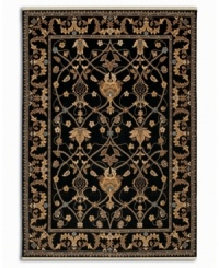 Graceful gold-beige designs add magnetic appeal to this deep-black area rug. Karastan's signature luster-wash gives the piece an exceptionally soft hand, while also enhancing the richness of the colors. Woven from plush New Zealand wool. Cotton foundation. Graceful gold-beige designs add magnetic appeal to this deep-black area rug. Karastan's signature luster-wash gives the piece an exceptionally soft hand, while also enhancing the richness of the colors. Woven from plush New Zealand wool. Cotton foundation.