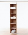 Store more in less space! Throw this heavy-duty reinforced hanging organizer over your closet bar and simplify the way you keep tidy. Six shelves to sort shoes, sweaters and other accessories create instant order.