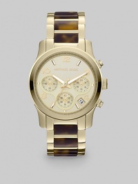 A radiant goldtone timepiece accented with warm tortoise-print details. Quartz movementWater resistant to 10 ATMRound goldtone stainless steel case, 38mm (1.5) Smooth bezelGoldtone dialBar and numeral hour markersDate display between 4 and 5 o'clockSecond hand Tortoise-print acetate and goldtone stainless steel link braceletImported A radiant goldtone timepiece accented with warm tortoise-print details. Quartz movementWater resistant to 10 ATMRound goldtone stainless steel case, 38mm (1.5) Smooth bezelGoldtone dialBar and numeral hour markersDate display between 4 and 5 o'clockSecond hand Tortoise-print acetate and goldtone stainless steel link braceletImported