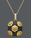 Channel style from another era. This beautiful 1950s style pendant features round-cut yellow diamonds (1 ct. t.w.) shaped as flowers with sparkling black diamond accents. Square setting and chain crafted in 14k gold. Approximate length: 18 inches. Approximate drop: 1 inch.