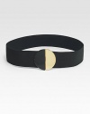 A wide, elastic design with a black and goldtone circular buckle.Width, 2Imported