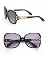 Textured and smooth, metal accented temples make this a truly glamourous, plastic style. Available in black/rose gold with smoke gradient lens. Metal accented criss-cross temples100% UV protectionMade in Italy 