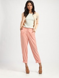 EXCLUSIVELY AT SAKS. Gorgeous silk georgette tailored with a high waist tapered legs for a full, feminine silhouette.High tab-front waistBelt loopsZip-flyPleated frontSlash pocketsBack welt pocketsRise, about 12Inseam, about 2595% silk/5% LycraDry cleanMade in USA of imported fabricModel shown is 5'10 (177cm) wearing US size 4. EXCLUSIVELY AT SAKS. Gorgeous silk georgette tailored with a high waist tapered legs for a full, feminine silhouette.High tab-front waistBelt loopsZip-flyPleated frontSlash pocketsBack welt pocketsRise, about 12Inseam, about 2595% silk/5% LycraDry cleanMade in USA of imported fabricModel shown is 5'10 (177cm) wearing US size 4.