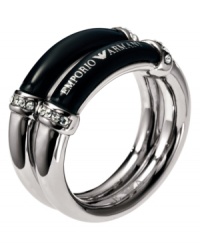 A sleek ring with metropolitan style, by Emporio Armani in stainless steel, mixed metal and crystal accents. Available in sizes 6 and 7. A sleek ring with metropolitan style, by Emporio Armani in stainless steel, mixed metal and crystal accents. Available in sizes 6 and 7.