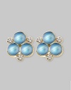 The lovely iridescence of cabochon moonstones, clustered amid diamond accents, gives these delicate earrings the feeling of being lit from within. Diamonds, 0.18 tcw Moonstone 18k yellow gold Length, about ½ Post back Made in Italy