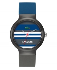 Cultivate your Ivy League look with Lacoste. Unisex Goa watch crafted of gray and navy silicone strap and round gray plastic case. Multi-color stripe dial features iconic crocodile logo at twelve o'clock, white text logo at six o'clock, white cut-out hour and minute hand and red second hand. Quartz movement. Water resistant to 30 meters. Two-year limited warranty.