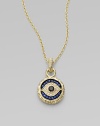 Textured links of 18K yellow gold hold a protective evil eye, radiantly formed of white, blue and black sapphires.Sapphires14K yellow goldChain length, about 17Pendant diameter, about ¾Lobster claspImported
