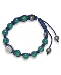 Spiritual-inspired bracelets are all the rage this season! Snap up this hot style from Ali Khan featuring semi-precious green agate beads and pave glass fireballs on a trendy navy cord. Bracelet adjusts to fit the wrist. Approximate diameter: 2 inches. Approximate length: 12-1/4 inches. Spiritual-inspired bracelets are all the rage this season! Snap up this hot style from Ali Khan featuring semi-precious green agate beads and pave glass fireballs on a trendy navy cord. Bracelet adjusts to fit the wrist. Approximate diameter: 2 inches. Approximate length: 12-1/4 inches.