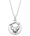 Patient, loving, reliable, & warm. Unwritten's chic Zodiak pendant features the signature Taurus design with these unique qualities listed on the reverse side. Set in sterling silver. Approximate length: 18 inches. Approximate drop: 3/4 inch.