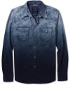 This Guess denim button down with a cool dyed design will add some unique style to your shirt collection.