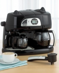 Whatever your preference, make your mornings brighter with a cup of steaming hot coffee or espresso. Can't make up your mind? This all-in-one machine is even capable of brewing both at the same time! Schedule your morning brew with the programmable digital timer and use the brew-pause features to pour a cup mid-drip. A warming plate keeps everything warm until you get there. One-year warranty. Whatever your preference, make your mornings brighter with a cup of steaming hot coffee or espresso. Can't make up your mind? This all-in-one machine is even capable of brewing both at the same time! Schedule your morning brew with the programmable digital timer and use the brew-pause features to pour a cup mid-drip. A warming plate keeps everything warm until you get there. One-year warranty.