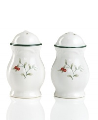 A charming addition to your Winterberry collection, these salt and pepper shakers from Pfaltzgraff's holiday collection of dinnerware and dishes offer an elegantly coordinated look for holiday entertaining. A traditional holly berry pattern is painted on the sides, accented by a curvy shape and decorative green rim. (Clearance) A charming addition to your Winterberry collection, these salt and pepper shakers from Pfaltzgraff's holiday collection of dinnerware and dishes offer an elegantly coordinated look for holiday entertaining. A traditional holly berry pattern is painted on the sides, accented by a curvy shape and decorative green rim. (Clearance)