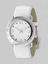 A subtly logo engraved bezel with sleek white dial and leather strap.Quartz movement Water resistant to 3 ATM Logo engraved bezel Round stainless steel case, 36mm, (1.41) White dial Arabic numeral and dot hour markers Second hand Leather strap, 22mm, (.86) Buckle closure Imported 