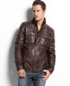 Cover up with classic cool in this medium-weight leather jacket from Guess.