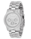 MICHAEL Michael Kors classic chronograph three-link bracelet watch in stainless steel. Round silvertone dial with Arabic numbers. Three subdials and date display.