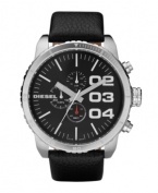 If bigger is better, this black-on-black watch by Diesel is the best. Black leather strap and oversized round stainless steel case, 58x52mm. Black chronograph dial features silver tone numerals, stick indices, minute track, three subdials, luminous hands and logo. Quartz movement. Water resistant to 50 meters. Two-year limited warranty.
