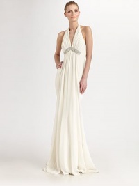Allover ruching and a glamorous beaded detail dress up this elegant, supple silk design.Halter neckline with concealed closureRuched bodice and front drapeBeaded bust detailSweeping back trainConcealed back zipAbout 47 from natural waistSilkDry cleanImportedModel shown is 5'10½(179cm)wearing US size 4. Allover ruching and a glamorous beaded detail dress up this elegant, supple silk design.Halter neckline with concealed closureRuched bodice and front drapeBeaded bust detailSweeping back trainConcealed back zipAbout 47 from natural waistSilkDry cleanImportedModel shown is 5'10½(179cm)wearing US size 4.
