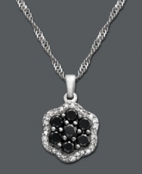 Add a touch of elegance and a drop of bold color. This versatile pendant features seven black diamonds (7/8 ct. t.w.) surrounded by a halo of round-cut white diamonds (1/6 ct. t.w.). Crafted in sterling silver. Approximate length: 18 inches. Approximate drop: 1/2 inch. Add a touch of elegance and a drop of bold color. This versatile pendant features seven black diamonds (7/8 ct. t.w.) surrounded by a halo of round-cut white diamonds (1/6 ct. t.w.). Crafted in sterling silver. Approximate length: 18 inches. Approximate drop: 1/2 inch.