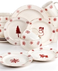 Greet the season with charming Birchwood Holiday dinnerware. Casual earthenware stenciled with red deer, snowflakes and trees brings the spirit of the season to three meals a day. From Euro Ceramica. Greet the season with charming Birchwood Holiday dinnerware. Casual earthenware stenciled with red deer, snowflakes and trees brings the spirit of the season to three meals a day. From Euro Ceramica.
