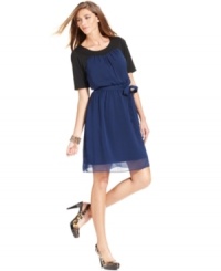 NY Collection's dress features colorblocking at the chest and sleeves and a self-tie belt that accentuates the easy silhouette. NY Collection's dress features colorblocking at the chest and sleeves and a self-tie belt that accentuates the easy silhouette.