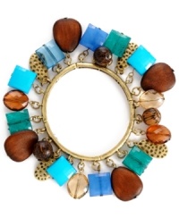 Get inspired by the bold colors and energy of Brasil. Haskell's Brasilian-themed shaky bracelet combines bright blue, brown and taupe beads in metal, wood and acrylic. Set in brass-plated mixed metal. Bracelet stretches to fit wrist. Approximate length: 7-1/2 inches.